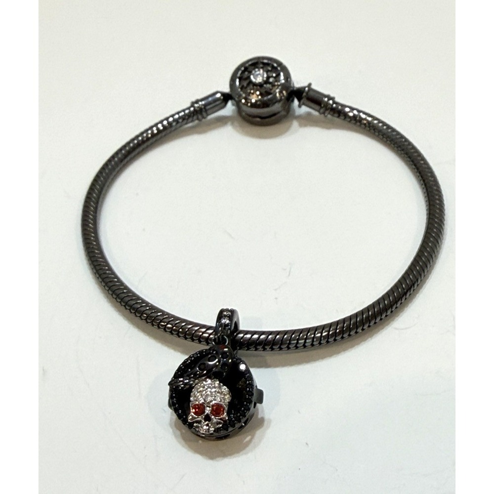 Gnoce 925 Sterling Skull Raven Locket Charm Bracelet Gothic Witchy CZ Black